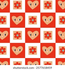 a bright pattern for Valentine's Day with cute mulia hearts on a background of squares 