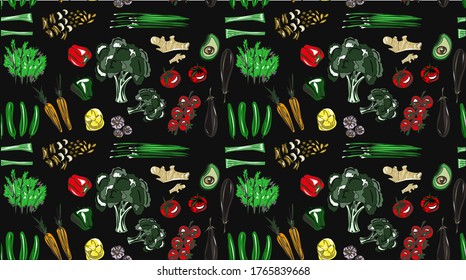 Helles Gemüse-Muster auf transparentem, schwarzem oder farbigem Hintergrund. Tomaten, Brokkoli, Avocado, Zwiebeln, Auberginen, Karotten, Gurken, Ingwer, Nüsse. Kann auf jedem Hintergrund platziert werden, transformieren. 
