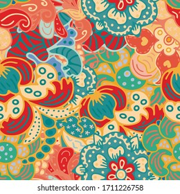 Bright pattern in vintage floral and vegetable style. Russian folk palette. Suitable for printing on fabric and paper.