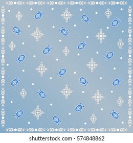 Bright pattern with winter motifs. Snowflakes and mittens. Ethnic ornament.