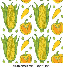 Un patrón brillante en tonos amarillos y verdes con mazorcas de maíz, pimientos búlgaros y chiles amarillos y guisantes verdes. Ilustración vectorial colorida para imprimir en tela, embalaje, etc.