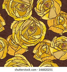 bright pattern with yellow roses on the brown wavy background