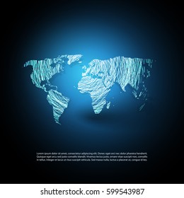 Bright Patterned World Map Design on Dark Blue Background - Abstract Global Network Connections, Technology Background Concept, Creative Template