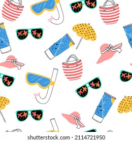 Bright patterns about summer holidays and recreation. Beach vacation accessories. Vector illustration isolated on white background.