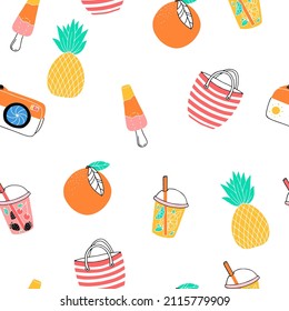 Bright patterns about summer holidays and recreation. Beach vacation accessories. Vector illustration isolated on white background.