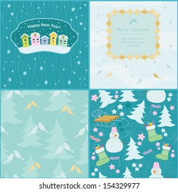 Bright patterns with fir, house and snow