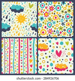 Bright patterns with hearts, clouds, rain drops and confetti. Great for Baby, Valentine's Day, Mother's Day, wedding, scrapbook, surface textures.