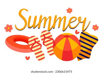 Bright patterns of summer objects conveying the essence of the sunny season , items for the beach or pool , inflatable circle, slippers, swimsuit and ball, lettering, vector