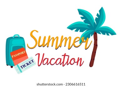 Bright patterns of summer subjects, conveying the essence of summer travel , palm tree, luggage, documents, travel ticket, lettering, vector