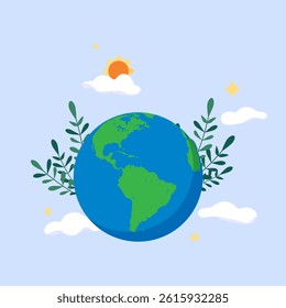 Bright and Peaceful Earth Day Art with Lush Green Continents and Sunny Skies