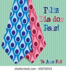 Bright peacock design Portuguese 'Happy Father's Day' neck tie card in vector format.