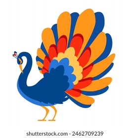 Bright peacock - modern flat design style single isolated image. Neat detailed illustration of bird of paradise with fluffy tail and colorful feathers. Symbol of wealth and prosperity. Asian fauna