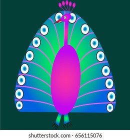 Bright peacock on a colored background. Children's drawing.