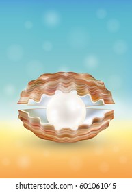 bright pearl in a opened sea shell with blur beach background