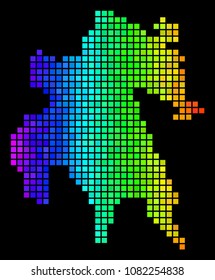 Bright Peloponnese Half-Island Map. Vector territorial plan in luminous spectral color variations on a black background.