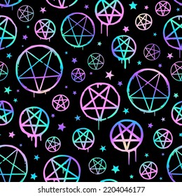 Bright pentagrams on a black background. Seamless pattern