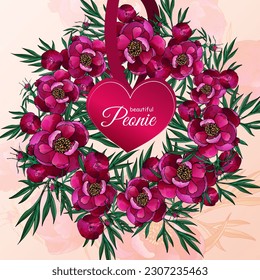 Bright peonies on an abstract background with an original card in the form of a heart. The vector drawing is made in watercolor technique. Can be used as a postcard or invitation.