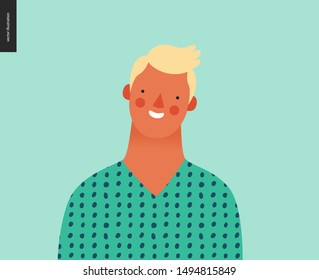 Retrato de personas brillantes - dibujo a mano estilo plano diseño vectorial ilustración de joven hombre rubio, cara y hombros avatar. Icono de vector de estilo plano