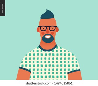 Bright People Portrait - Hand Drawn Flat Style Vector Design Concept Illustration Of Young Bearded Man Wearing Glasses, Face And Shoulders Avatar. Flat Style Vector Icon