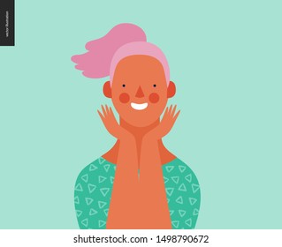 Bright people portrait - hand drawn flat style vector design concept illustration of young pink-haired smiling woman, face and shoulders avatar. Flat style vector icon