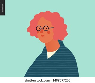 Bright people portrait - hand drawn flat style vector design concept illustration of young red-haired feminine man, wearing glasses, face and shoulders avatar. Flat style vector icon