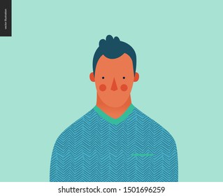 Bright people portrait - hand drawn flat style vector design concept illustration of young brunette man, face and shoulders avatar. Flat style vector icon