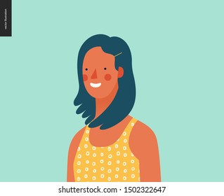 Bright people portrait - hand drawn flat style vector design concept illustration of young brunette woman, face and shoulders avatar. Flat style vector icon