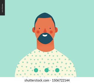 Bright people portrait - hand drawn flat style vector design concept illustration of young brunette bearded man, face and shoulders avatar. Flat style vector icon