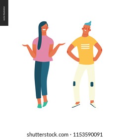 Bright people portraits - hand drawn flat style vector design illustration of a young brunette sunburnt woman standing writhing her hands and a smiling boy standing with arms akimbo, concept