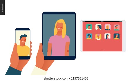 Bright people portraits - hand drawn flat style vector concept illustration of video call, man and woman - a hand holding phone and tablet with a video chat, and a tablet with a screen with app icons