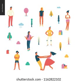 Bright people portraits pattern - young men and women - set of various posing people in fashion colors -standing with arms akimbo, crossed arms, whirling couple holding their hands, concept characters