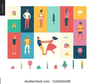 Bright people portraits pattern -young men and women - set of various posing people in fashion colors - standing with arms akimbo, crossed arms, whirling couple holding their hands, concept characters