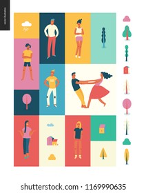 Bright people portraits pattern -young men and women - set of various posing people in fashion colors - standing with arms akimbo, crossed arms, whirling couple holding their hands, concept characters