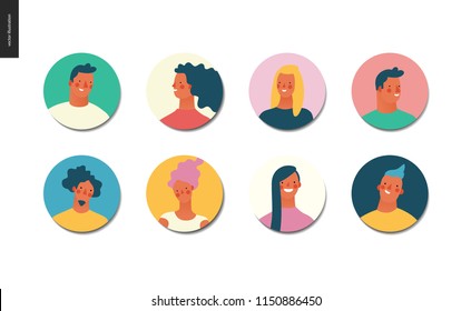 Bright People Portraits Set - Hand Drawn Flat Style Vector Design Concept Illustration Of Young Men And Women, Male And Female Faces Avatars. Flat Style Vector Round Icons Set