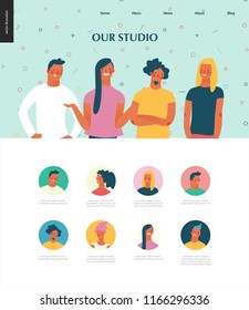 Bright people portraits set - hand drawn flat style vector concept illustration template of studio website -young men and women team, male and female faces avatars. Flat style vector round icons set