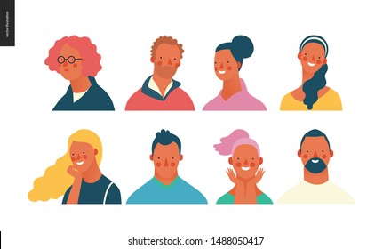 Bright people portraits set - hand drawn flat style vector design concept illustration of young men and women, male and female faces and shoulders avatars. Flat style vector icons set