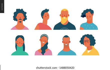 Bright people portraits set - hand drawn flat style vector design concept illustration of young men and women, male and female faces and shoulders avatars. Flat style vector icons set