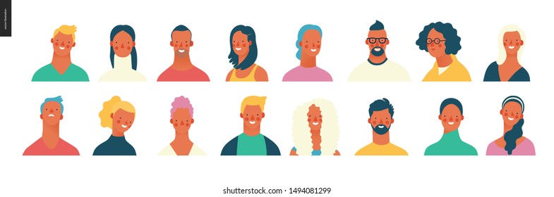 Bright people portraits set - hand drawn flat style vector design concept illustration of young men and women, male and female faces and shoulders avatars. Flat style vector icons set