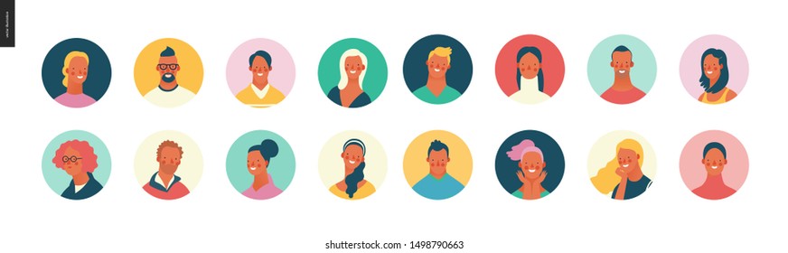 Bright people portraits set - hand drawn flat style vector design concept illustration of young men and women, male and female faces avatars. Flat style vector round icons set