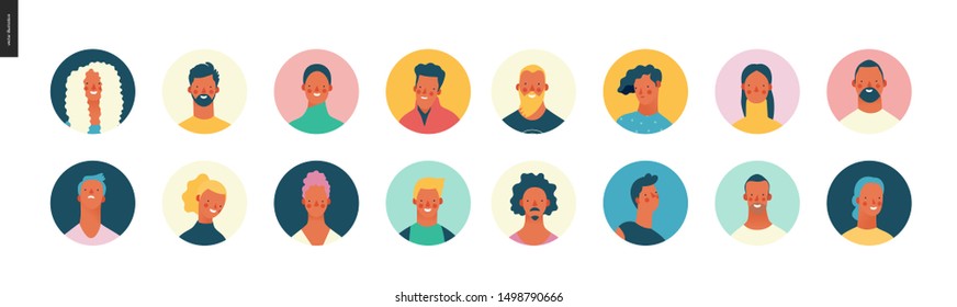 Bright people portraits set - hand drawn flat style vector design concept illustration of young men and women, male and female faces avatars. Flat style vector round icons set