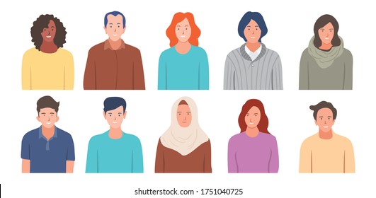 Bright people portraits set - hand drawn flat style vector design concept 
illustration of young men and women, male and female faces 
and shoulders avatars. Flat style vector icons set