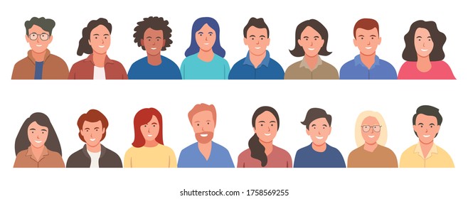 
Bright people portraits set - hand drawn flat style vector design concept 
illustration of young men and women, male and female faces 
and shoulders avatars. Flat style vector icons set