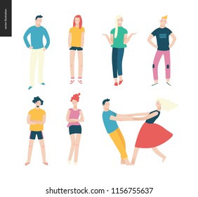 Bright people portraits set - young men and women - set of various posing people in fashion colors - standing with arms akimbo, crossed arms, whirling couple holding their hands, concept characters