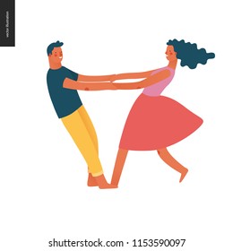 Bright people portraits - young hetorexual couple, man and woman whirling in love holding their hands looking into the eyes, flat vector concept illustration
