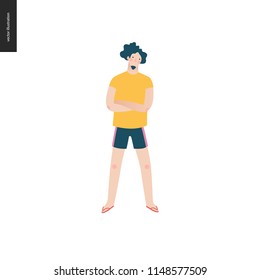 Bright people portraits - young man, hand drawn flat style vector doodle design illustration of a serious young man standing with his arms crossed, concept illustration