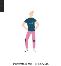 Bright people portraits - young man, hand drawn flat style vector doodle design illustration of a smiling young blond man standing with arms akimbo, concept illustration