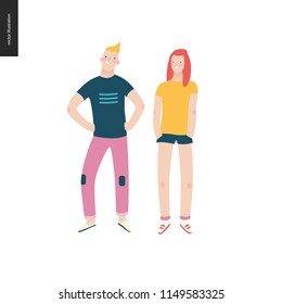 Bright people portraits - young man and woman, hand drawn flat style vector design illustration of a smiling boy standing with arms akimbo and a girl with hands in pockets, concept illustration