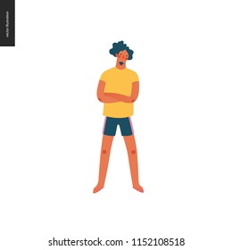 Bright people portraits - young man, hand drawn flat style vector doodle design illustration of a serious young sunburnt man standing with his arms crossed, concept illustration