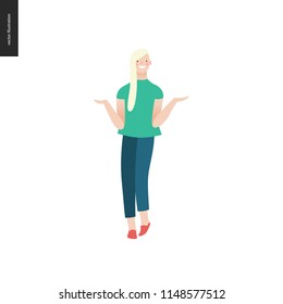 Bright people portraits - young woman, hand drawn flat style vector doodle design illustration of a smiling blonde girl standing writhing her hands, concept illustration