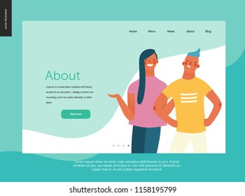 Bright people - website template About the the company. Flat style vector doodle illustration of a young woman standing writhing hands and smiling boy standing with arms akimbo, concept illustration